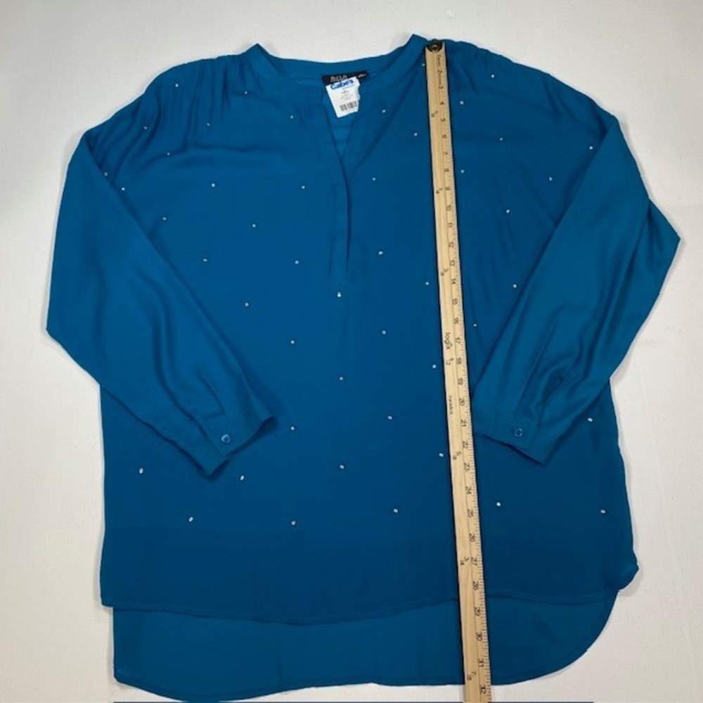 ANA A New Approach Teal Blue Studded Split Neck Blouse XL High Low Long Sleeve - Picture 3 of 9